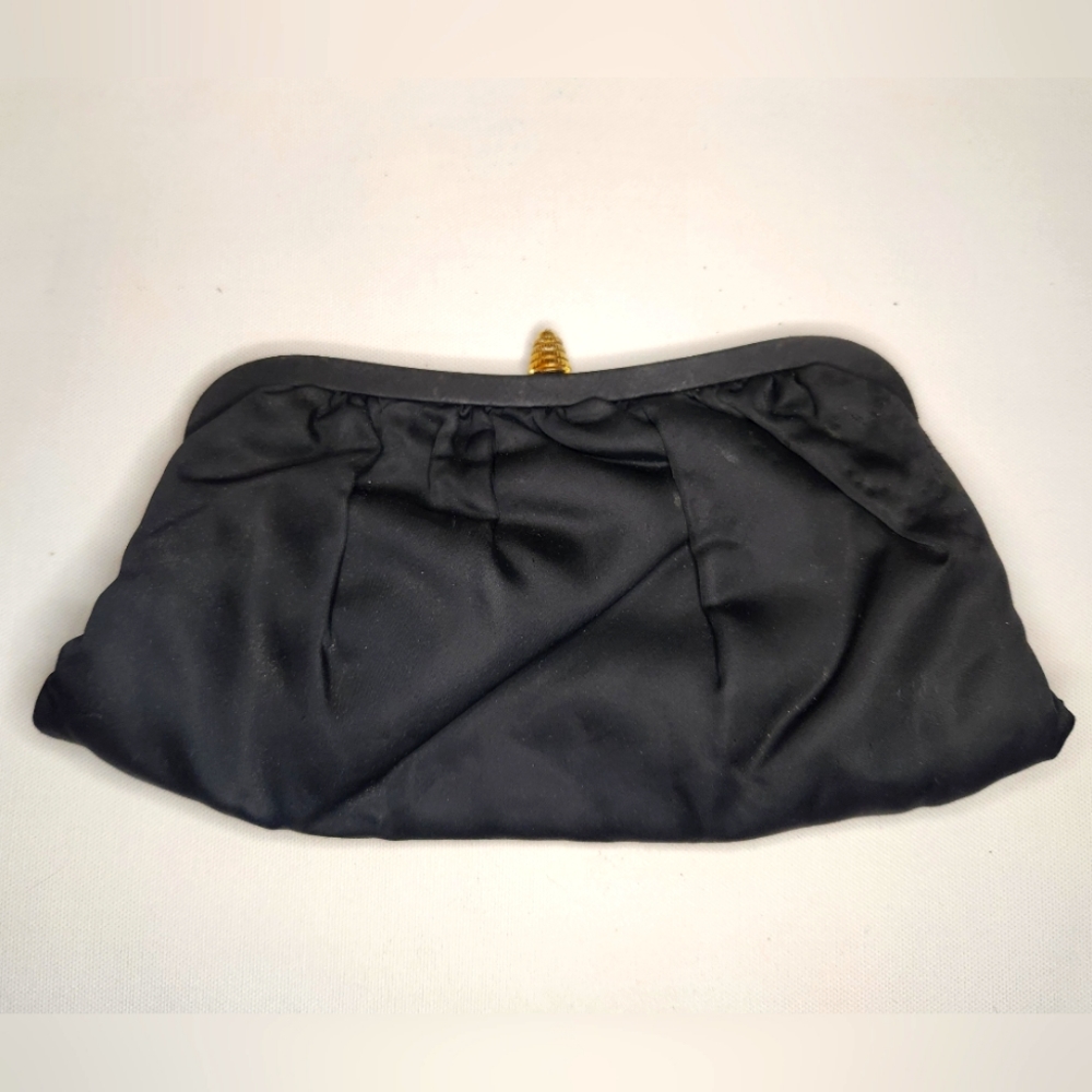 Vintage Black Silk Clutch Evening Purse Handbag Gold Lining And Clasp EUC 5.5x10